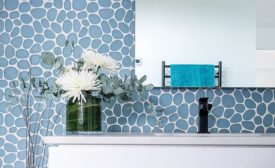 Pebble-like mosaic from Island Stone’s glass tile series, Spindrift