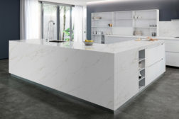 Valiant quartz kitchen countertop with waterfall edge.