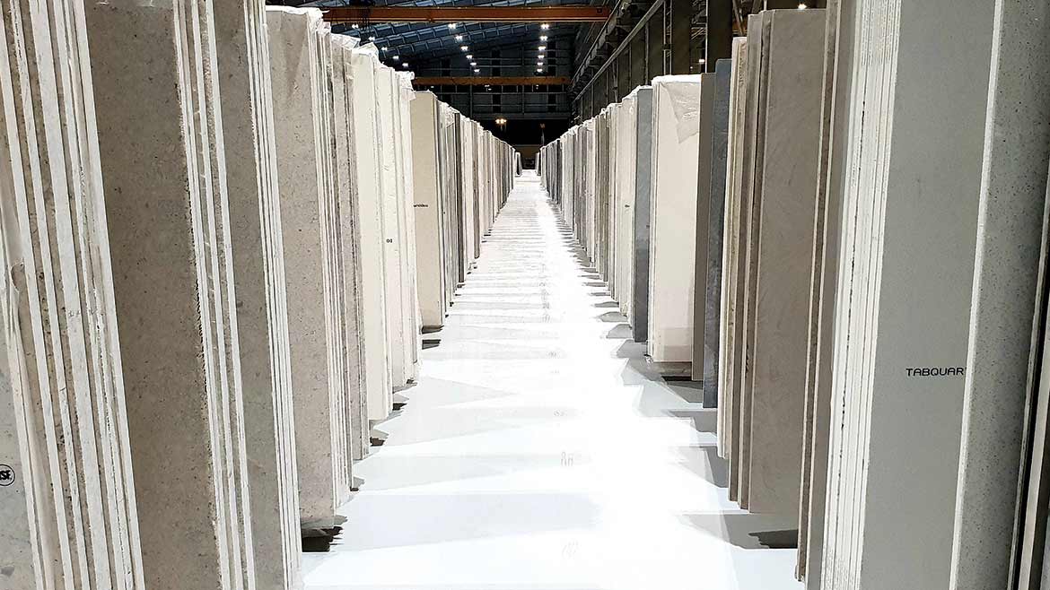 Quartz slabs in Tab Surfaces' facility in India.